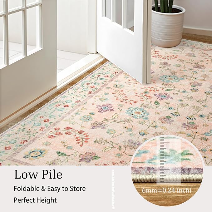 LOCHAS Washable Area Rugs 8x10, Pink Floral Rug for Living Room Bedroom Non Slip, Ultra Soft Vintage Indoor Carpet for Kids, Nursery, Dorm, Dining Room, Classroom, Boho Flower Home Decor, Low-Pile
