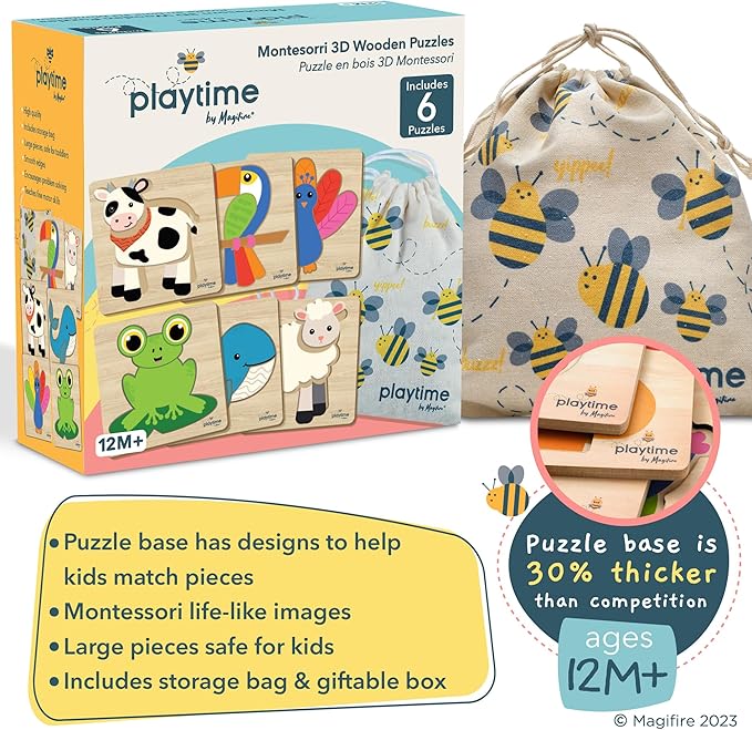 MAGIFIRE Wooden Puzzles for Toddlers 1-3 - 6-Pack Multicolor Cartoon Animal Puzzle Set - Large Easy-Grip Pieces for Small Hands with Storage Bag and Box