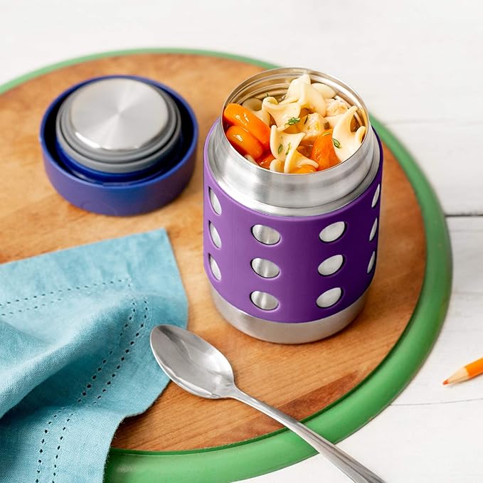 LunchBots Thermal 12 oz Triple Insulated Thermos - Hot 6 Hours or Cold 12 Hours - Leak Proof Thermos Soup Jar - All Stainless Interior - Navy Lid - Purple Dots