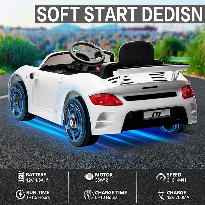 Licensed RUF CTR3 12V Kids Electric Car with Parent Remote Control, 2 Motors, 3 Speeds, LED Lights, MP3 Player | Battery Powered Ride-On Toy for Kids to Drive - White