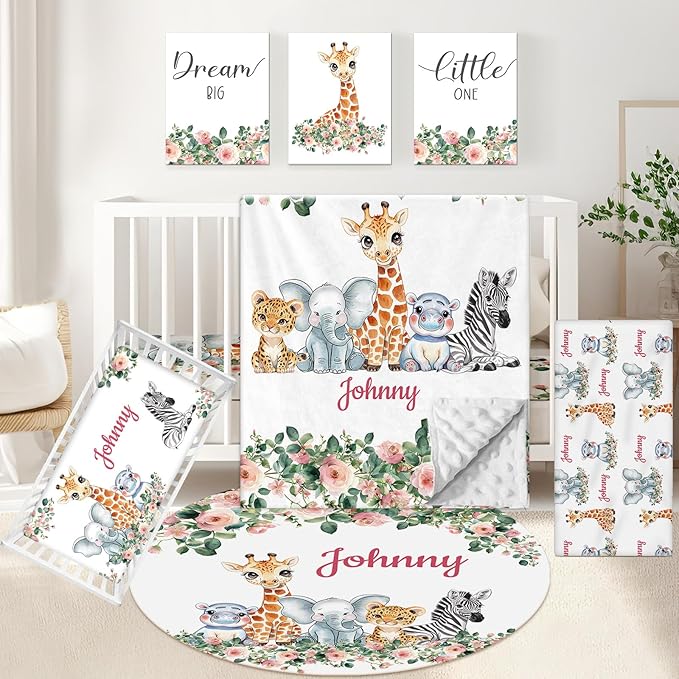 Custom 5-Piece Baby Crib Bedding Set, Personalized Name for Kid Toddler, Animal Nursery for Boy Girl, Double Layer, Customized Gift for Infant