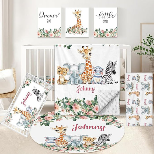Custom 5-Piece Baby Crib Bedding Set, Personalized Name for Kid Toddler, Animal Nursery for Boy Girl, Double Layer, Customized Gift for Infant