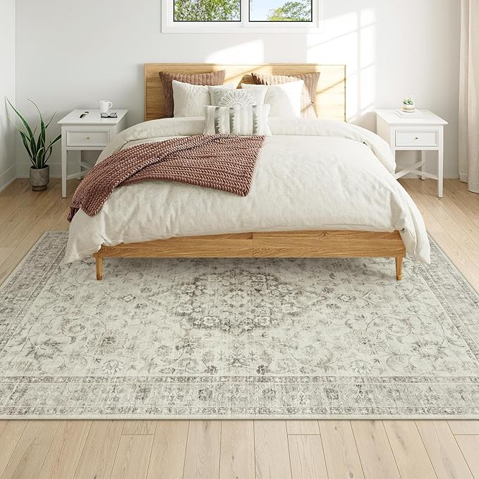 LIVEBOX Washable Area Rug 5x7 Rugs for Living Room Bedroom, Non-Slip Boho Indoor Carpet for Dining Room Office, Low-Pile Farmhouse Soft Carpets for Kids Nursery Room Playroom, Taupe