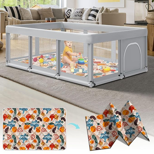 74" ×50" Large Baby Playpen, Baby Playard for Babies and Toddlers, Play Pens for Indoor & Outdoor, Sturdy Safety Play Yard with Soft Breathable Mesh, Anti-Fall, Grey (with MAT)