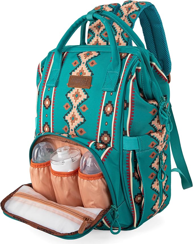 Wrangler Aztec Backpack Organized Daypack Travel Baby Bag with Stroller Strap and Side Bottle Pockets