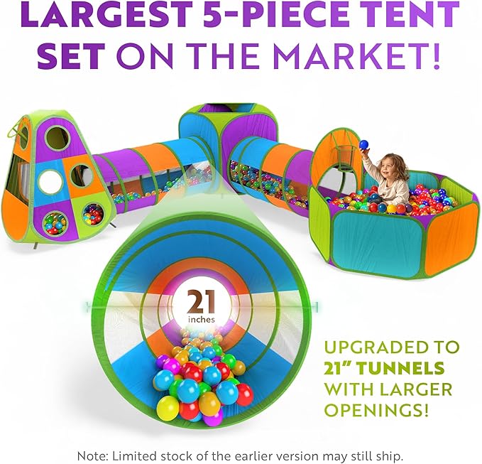 Playz 5-Piece Kids Pop up Play Tent Crawl Tunnel and Ball Pit with Basketball Hoop Playhouse for Boys, Girls, Babies, and Toddlers (Purple, Orange, Yellow, Red, Blue)