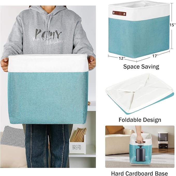 DULLEMELO Extra Large Storage Baskets, Fabric Storage Bins for Organizing Shelves Nursery Toys Books, Closet Baskets and Bins with Handles, White&Teal, 2-Pack