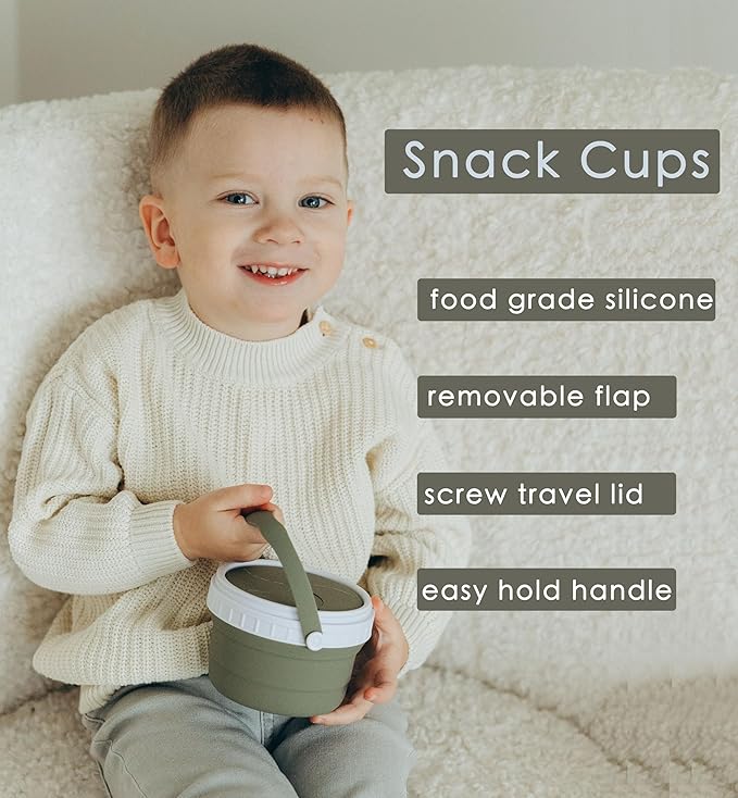No Spill Silicone Toddler Snack Containers, Detachable Silicone Flap for Filling&Cleaning, Crumb-Free Hard Plastic Screw Travel Lid, Ultra-Soft for Baby Kids Hand In-Out, Snack Cup Holder 12 oz