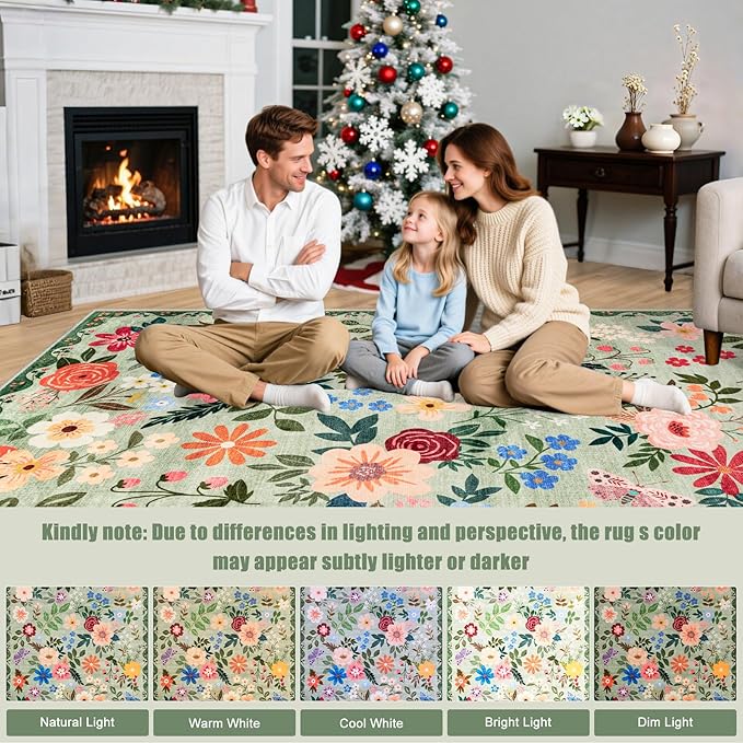 Area Rugs 9x12 Living Room: Floral Washable Rug Vintage Large Soft Boho Non-Slip Carpet Indoor Stain Resistant Low Pile Carpets for Bedroom Dining Room Farmhouse Nursery Hallway Home Office Green