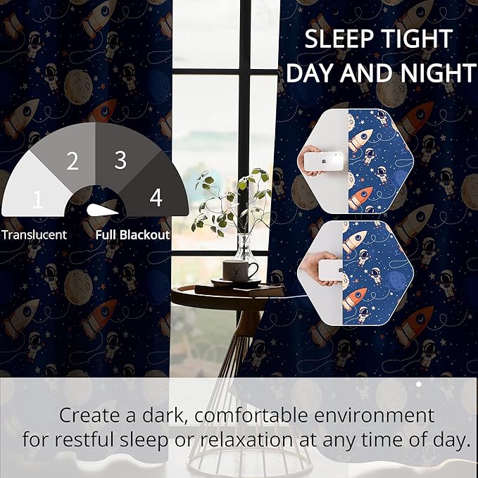 Kids Space Astronaut and Rocket Blackout Curtains - 100% Blackout, Thermal Insulated, Noise Reducing, Perfect for Kids Room and Nursery, 2 Panels (Orbiting Astronauts, W52×L84)