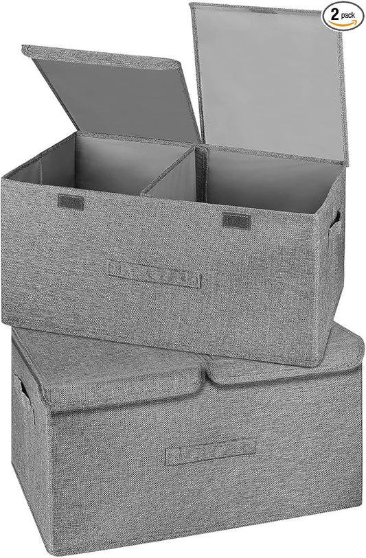 2 Pack Large Storage Boxes with Lids and Handles, Collapsible Linen Storage Bins Organizer Containers Baskets Cube with Removable Divider for Home Bedroom Closet Office (Grey, Large)