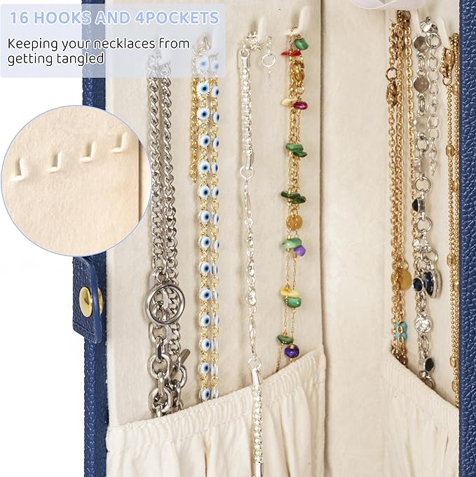 AKOZLIN Jewelry Box Organizer Functional Leather Jewelry Storage Case for Women Girls Ring Necklace Earring Bracelet Holder Organizer with Mirror Blue