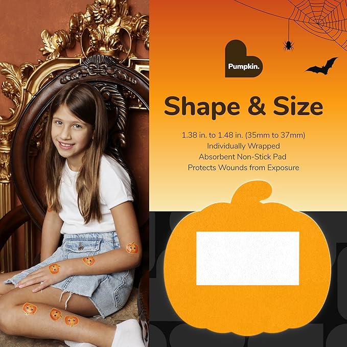 BioSwiss Bandages, Halloween Pumpkin Shaped Self Adhesive Bandage, Latex Free Sterile Wound Care, Fun First Aid Kit Supplies for Kids, 50 Count