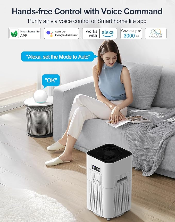 Smart WIFI Air Purifiers for Home Large Room Up to 3000 Sq Ft, APP & Alexa Control Air Cleaner, H14 Ture HEPA Filter for Allergies Pet Dander Smoke Dust, 22dB Sleep Mode for Bedroom