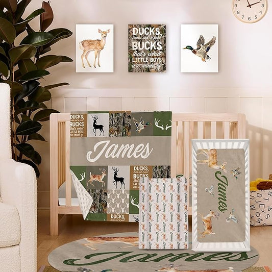 Personalized Baby Crib Bedding Set, 5-Piece Multi-grid Pattern Baby Crib Sets with Custom Name, Toddler Double Layer Blanket Fitted Sheets Changing Pad Cover Rug Wall Art Set, Charming Nursery Decor