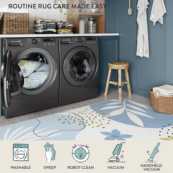 Lahome 8x10 Area Rugs for Living Room - Non-Slip Washable Ultra-Thin Soft Bedroom Rug 8x10 Under Bed, Boho Botanical Print Carpet for Dining Room Office Nursery, Blue