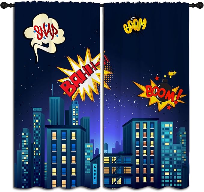 Superhero Rod Pocket Blackout Curtains for Boy Girl Bedroom, Cartoon Skyline Buildings Cityscape Home Energy Efficient Light Filtering Window Curtain for Living Room, 84x84 inch