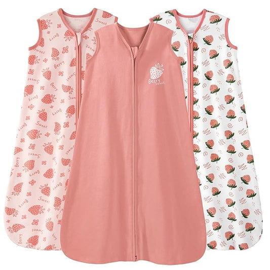 Baby Sleep Sack 18-24 Months 0.5 Tog Wearable Blanket Baby, 3 Pack 100% Cotton Lightweight Sleeping Sack with 2-Way Zipper for Infant Toddler Strawberry