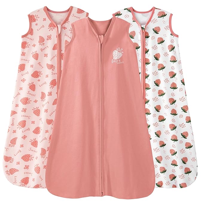 Baby Sleep Sack 12-18 Months 0.5 Tog Wearable Blanket Baby, 3 Pack 100% Cotton Lightweight Sleeping Sack with 2-Way Zipper for Infant Toddler Strawberry