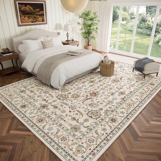 Washable 10x14 Area Rugs for Living Room, Boho Non-Slip Silicone Backing Rugs for Bedroom Dining Room Office, 0.3" Neutral Oriental Throw Carpet with 0.16" Cushioning Pad, Light Beige/Multi