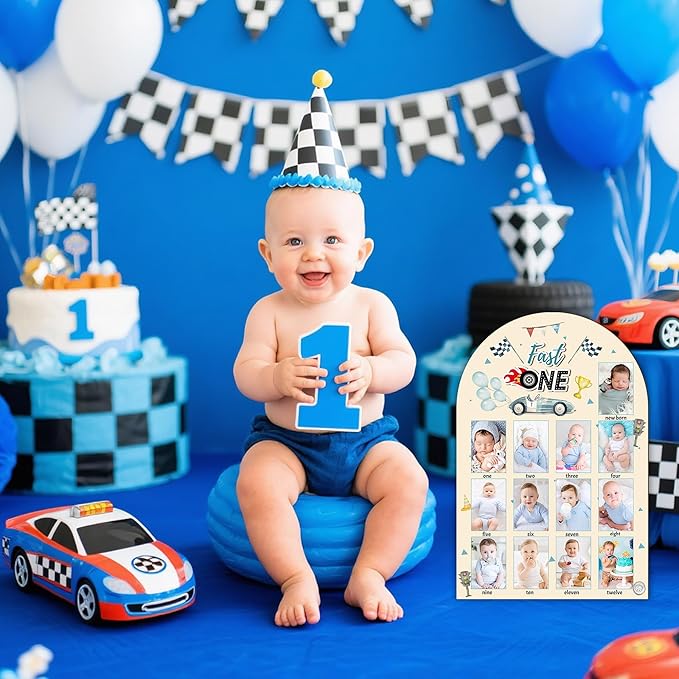R HORSE My First Year Photo Display Wood Board - 3D Race Car Baby's First Year Picture Frame, 12 Months Milestone Board Neutral Baby Keepsake Gift One Year Old Birthday Nursery Decor for Boy