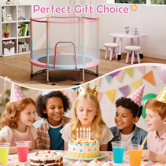 Kids Trampoline with Safety Net – 440lbs Capacity, Upgraded Rust-Proof Ring Legs, Adjustable Gymnastics Bar & Toys – Indoor Outdoor Toddler Trampoline for Boys & Girls Ages 1-8