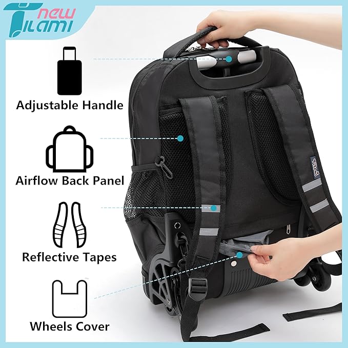 NEW TILAMI 18 inch Rolling Backpack for Kids - Waterproof, Stair-Climbing, Durable, Personalized Design for School, Travel, Black