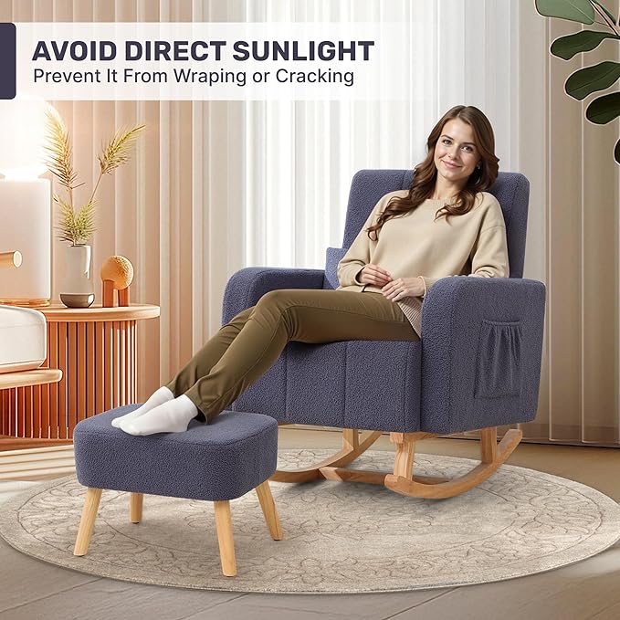 Rocking Chair with Ottoman, Upholstered Glider Rocker with High Backrest and Side Pocket, Comfy Reading Chair with Solid Wood Legs for Nursery, Living Room,Bedroom Dark Grey