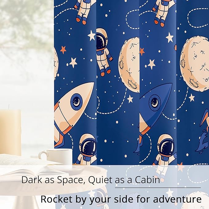 Kids Space Astronaut and Rocket Blackout Curtains - 100% Blackout, Thermal Insulated, Noise Reducing, Perfect for Kids Room and Nursery, 2 Panels (Orbiting Astronauts, W52×L63)