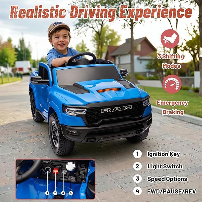 Licensed Ram 1500 Ride on Toys for Kids 4-8, Ride-on Electric Car for Kids with Remote Control, Battery Powered with Car Key/Gear Selector, LED Light/Music/MP3, Back Storage (Blue)