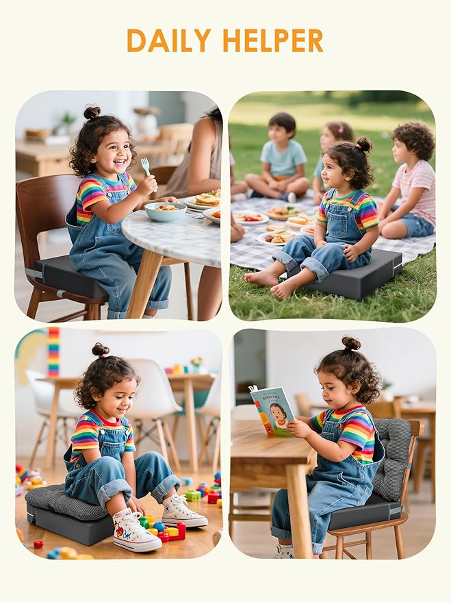 Booster Seat for Kitchen Chair, Adjustable Washable Safety Belts Toddler Booster Seats, PU Non-Slip Kids Dining Table Booster Seat, Portable Travel Increasing Cushion for Baby Child Kid Boy Girl