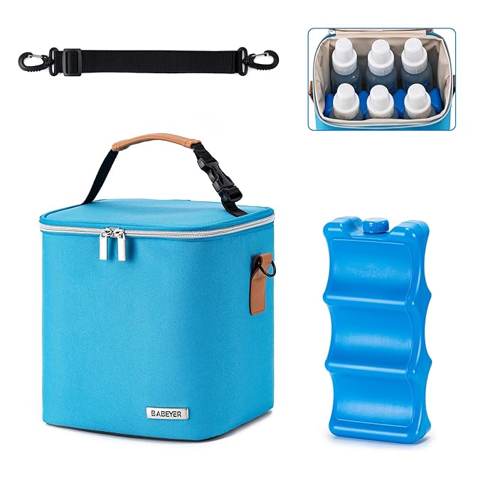 Breastmilk Cooler Bag with Ice Pack Fits 6 Baby Bottles Up to 9 Ounce, Baby Bottle Bag with Shoulder Strap for Nursing Mom Daycare, Blue