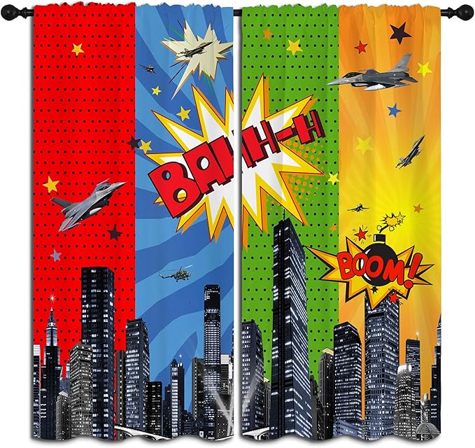 Superhero Rod Pocket Blackout Curtains for Boy Girl Bedroom, City War Explosion Comics Art Home Energy Efficient Light Filtering Window Curtain for Living Room, 63x63 inch