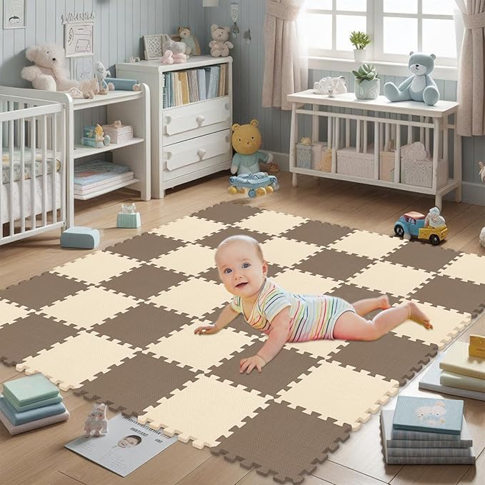 qqpp EVA Rubber 18 Tiles Interlocking Puzzle Foam Floor Mats - Baby Play Mat for Playing | Exercise Mat for Home Workout. Brown, Beige. QC-FJb18N