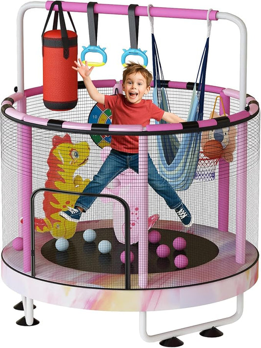LAMERGE 55" 7-in-1 Round Trampoline for Kids Boys & Girls Ages 1-8, Indoor & Outdoor Trampoline for Fun, Adjustable Height Handrail ＆ Enclosed Safety Net ＆ Durable Designs for Toddlers Children