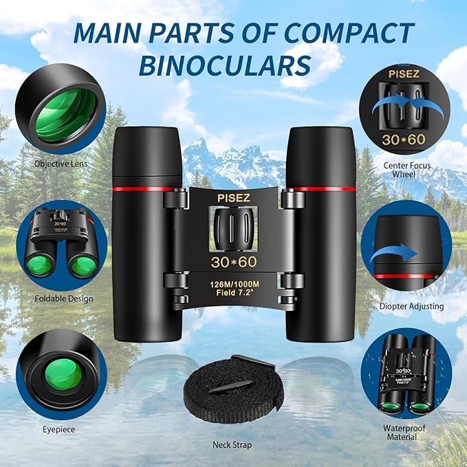 PISEZ 30X60 Compact Binoculars for Adults and Kids，Lightweight Foldable Easy Focus Small Binoculars for Bird Watching Hunting Concert Traveling Theater Opera Sightseeing