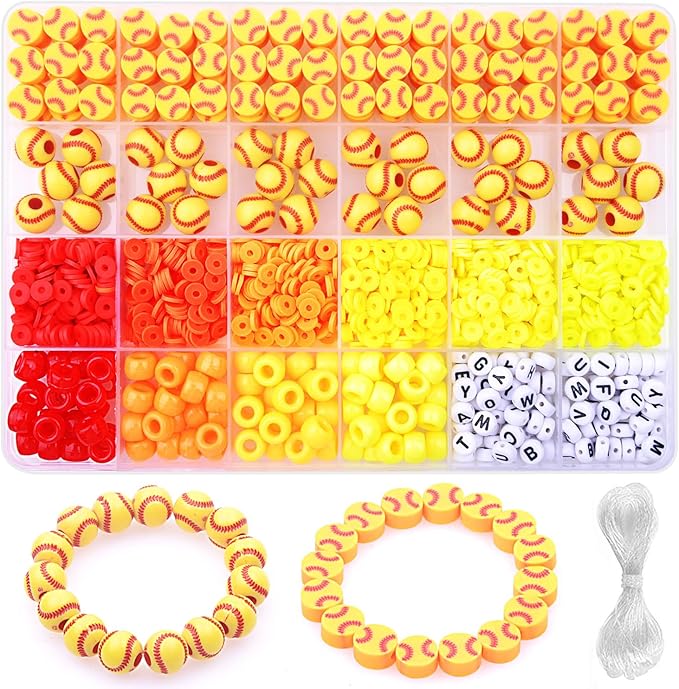 1600PCS Softball Sports Ball Polymer Clay Beads Charms for Friendship Bracelets Making Kit Cute Fun Beads DIY Arts Crafts Birthday Gifts for Kids Girls Softball Bead