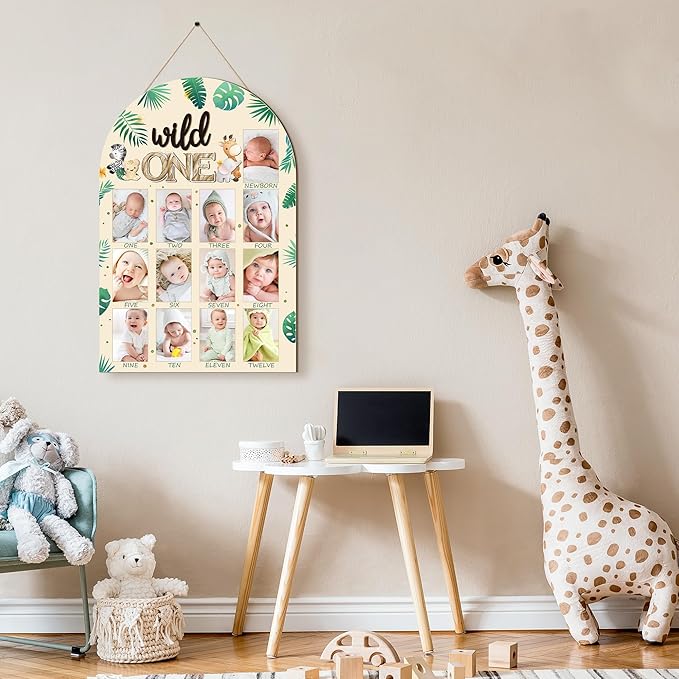 R HORSE My First Year Photo Frame Board, 3D Wild One Birthday Decoration, Jungle Themed Baby First Year Picture Frame 12 Months Milestone Display Wood Board Nursery Decor Gift for Boy Girl
