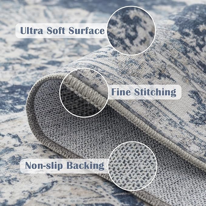 jinchan Hallway Runner Rug 3x8 Washable Runner - Vintage Floral Non Slip Low-Pile Soft Thin Faux Wool Kitchen Rug Distressed Carpet for Farmhouse Bedroom Laundry Room(3x8ft,Dark Blue)