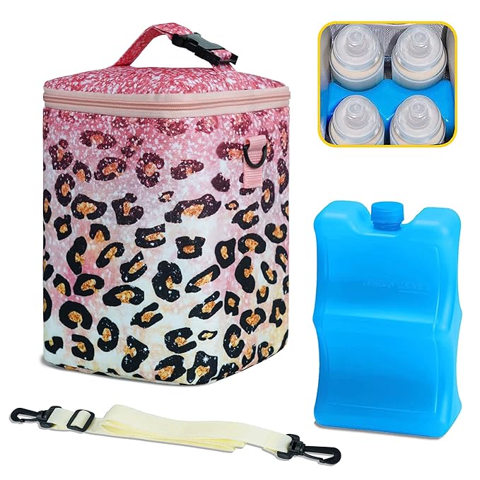 Breastmilk Cooler Bag with Ice Pack Fits 4 Bottles Up to 9 Ounce - Insulated Baby Bottle Cooler on The Go with Strap for Nursing Mom, Daycare or Travel