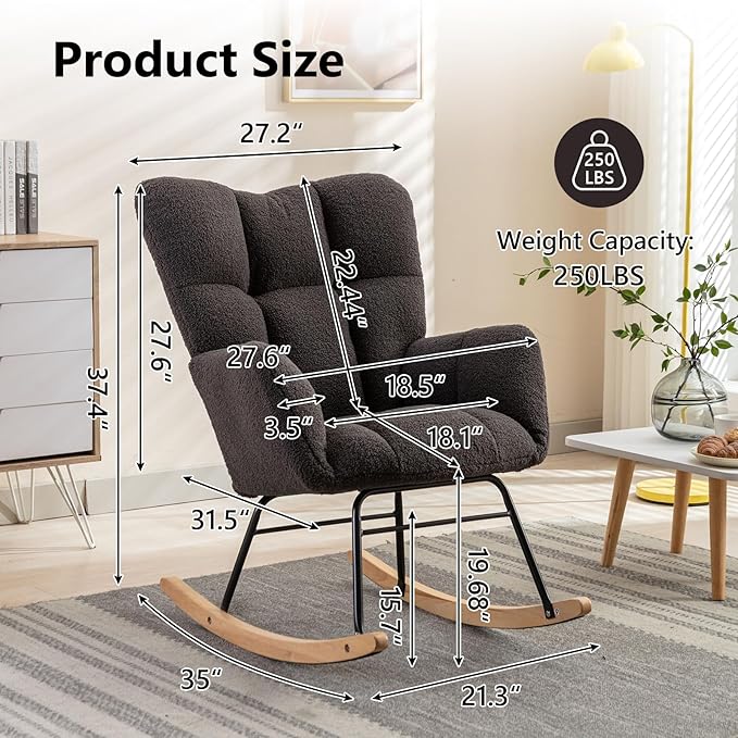 NIOIIKIT Nursery Rocking Chair Teddy Upholstered Glider Rocker Rocking Accent Chair Padded Seat with High Backrest Armchair Comfy Side Chair for Living Room Bedroom Offices (Dark Grey)