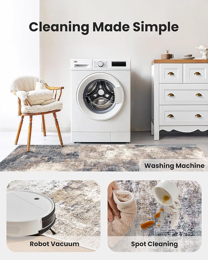 Amada 6x9 Washable Area Rug, Modern Abstract Living Room Rug with Non-Slip Backing & Short Pile, Large Rug with Abstract Pattern for Living Room, Bedroom and Dinning Room, Brown