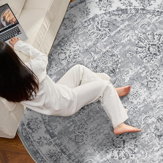 jinchan Round Rug 6ft Area Rug - Grey Vintage Floor Mat Kitchen Indoor Ultra-Thin Soft Floral Print - Washable Circle 6' Retro Accent for Farmhouse Non Slip Dining Room Living Room Bedroom Office