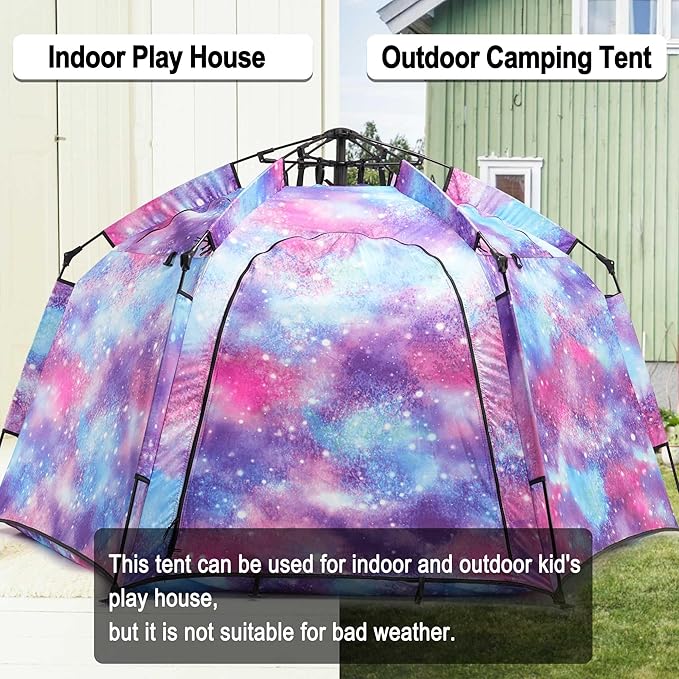 Portable Hexagon Kids Play Tent with LED Strip Lights Indoor Children Play House Easy Set-up Space Large Dream Tent for Night 4-5 Person & Birthday Gifts