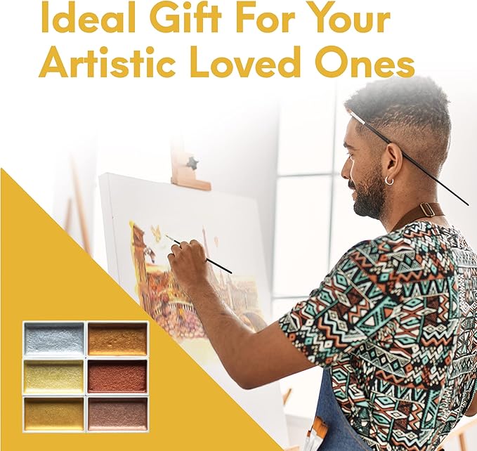 MozArt Supplies Komorebi Metallic Watercolor Paint Set – Set of 6 Shimmery Colors – Portable and Lightweight – For Artists, Students, Kids & Hobbyists - Metallic Watercolor Paints