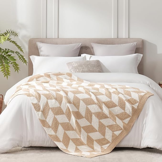 Snuggle Sac Chevron Throw Blanket for Couch, Reversible Super Soft Warm Blankets Cozy Knit Fuzzy Plush Lightweight Throws for Sofa, Bed, Camping, Beige,50x60 inches
