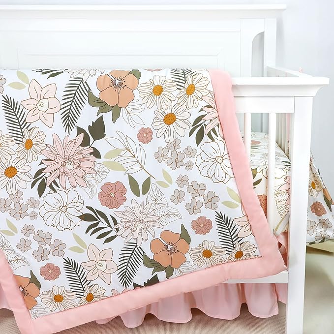 4-Piece Crib Bedding Set for Girls, Pink Baby Girl Bedding Set with Crib Skirt, Baby Quilt, Crib Sheet and Diaper Stacker, Daisy Flower