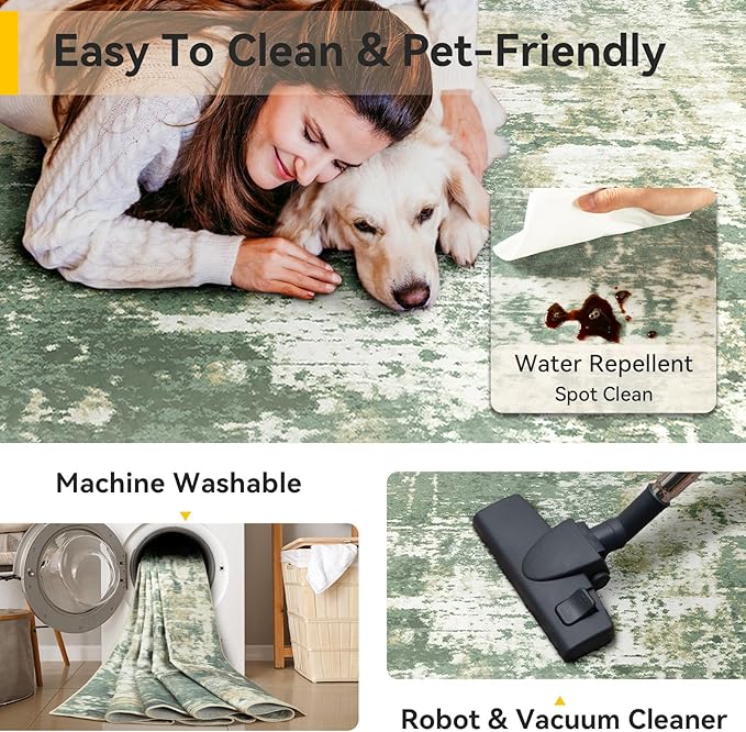 Washable Area Rugs 8'x10' Non-Slip Modern Abstract Soft for Living Room Entryway Bedroom Nursery, Print Pattern, Light Green/Yellow