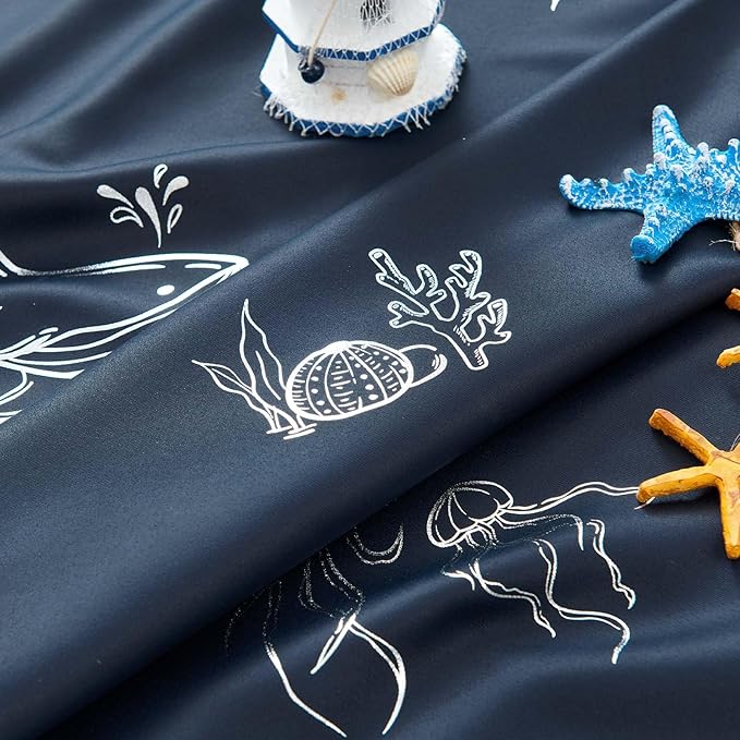 Vangao Kids Curtains for Boys Bedroom Kids Blackout Curtains 96 Inch Length Ocean Aquarium Nursery Drapes for Girls Bedroom Silver Sea Animals Print Thermal Insulated Drapes, Navy Blue 2 Panels