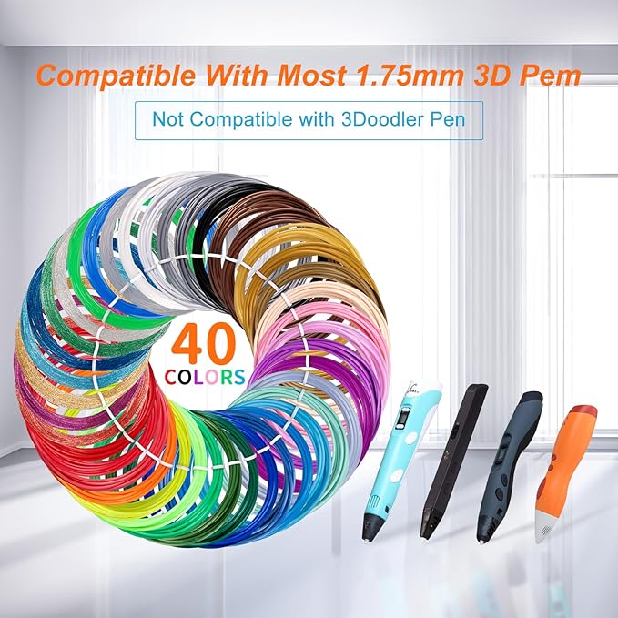 40 Colors PLA 3D Pen Filament Refills Compatible with SCRIB3D MYNT3D PIKA3D 3D Pen Most 1.75mm 3D Prining Pens NOT FIT 3Doodler Start Pen